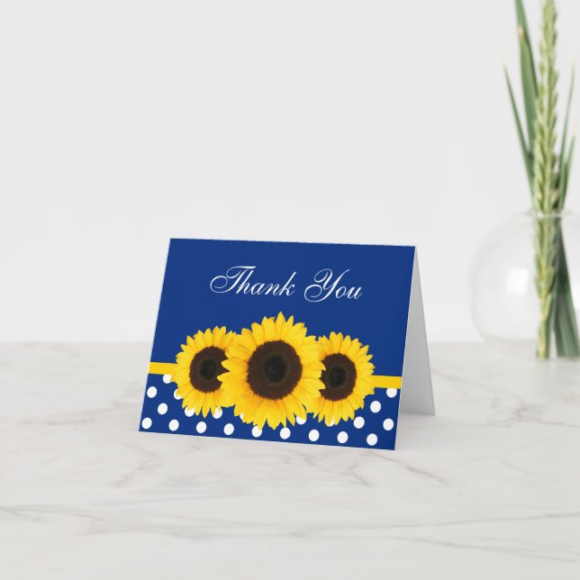 Sunflower Blue and White Polka Dot Thank You Card (Front)