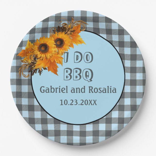 Sunflower & Blue Buffalo Checks Engagement Party Paper Plates (Front)