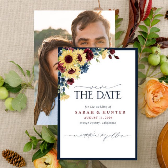 Sunflower Blue Burgundy Script Photo Wedding Save The Date (Creator Uploaded)