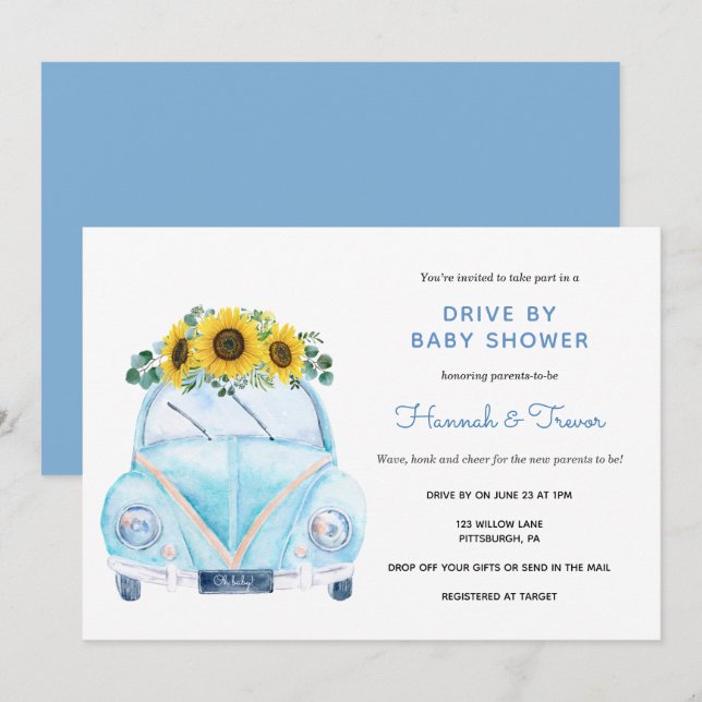Sunflower Blue Car Drive By Baby Shower Invitation (Front/Back)