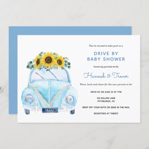 Sunflower Blue Car Drive By Baby Shower Invitation