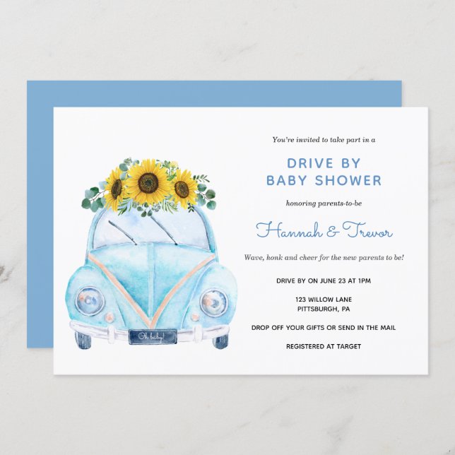 Sunflower Blue Car Drive By Baby Shower Invitation (Front/Back)