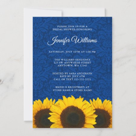 Sunflower Blue Damask Bridal Shower Invitation