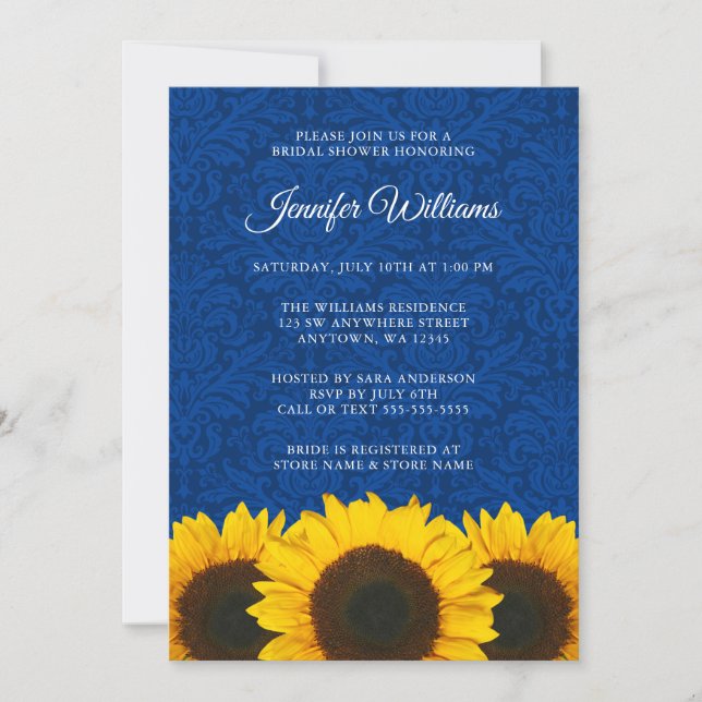 Sunflower Blue Damask Bridal Shower Invitation (Front)