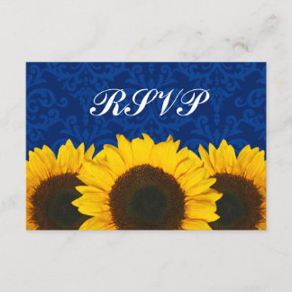 Sunflower Blue Damask Wedding RSVP Response Card