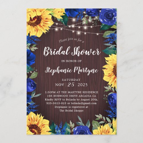 Sunflower Blue Floral Border Bridal Shower Invitation