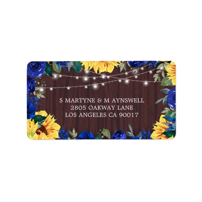 Sunflower Blue Floral Border Lights Wood Wedding Label (Front)
