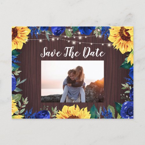 Sunflower Blue Floral Border Photo Save The Date Announcement Postcard