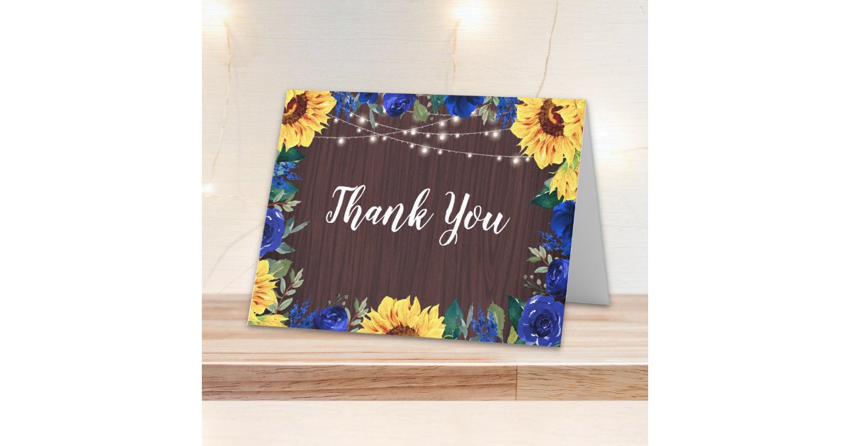 Sunflower Blue Floral Border Wood Lights Wedding Thank You Card | Zazzle