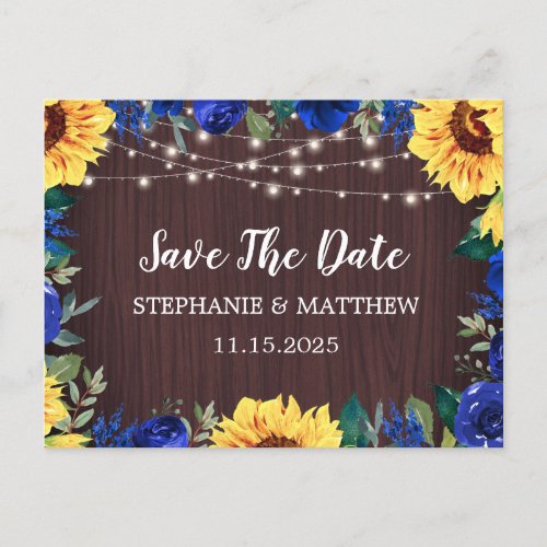 Sunflower Blue Floral Border Wood Save The Date Announcement Postcard