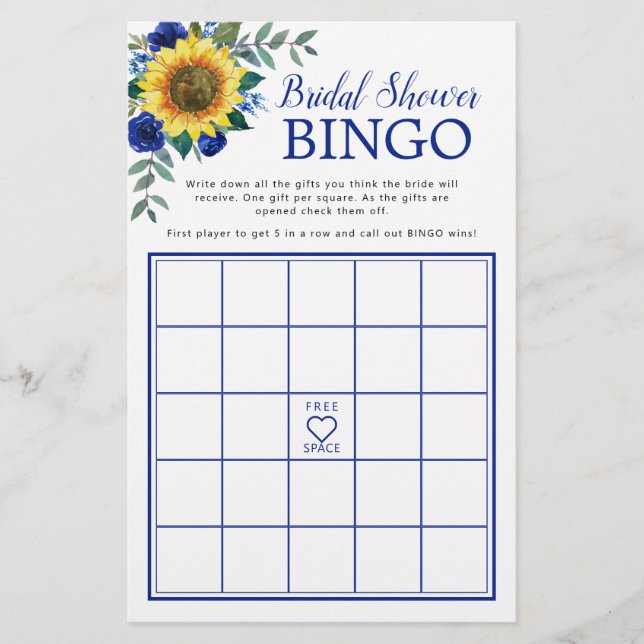 Sunflower Blue Floral Bridal Shower Bingo Game (Front)