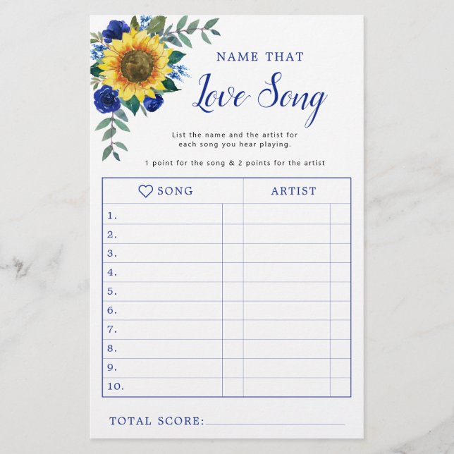 Sunflower Blue Floral Bridal Shower Love Song Game (Front)
