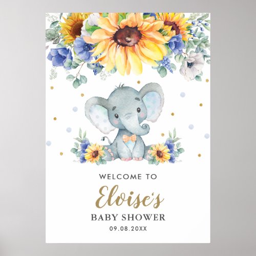 Sunflower Blue Floral Elephant Baby Shower Welcome Poster