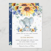 Sunflower Blue Floral Elephant Boy Baby Shower   Invitation (Front/Back)