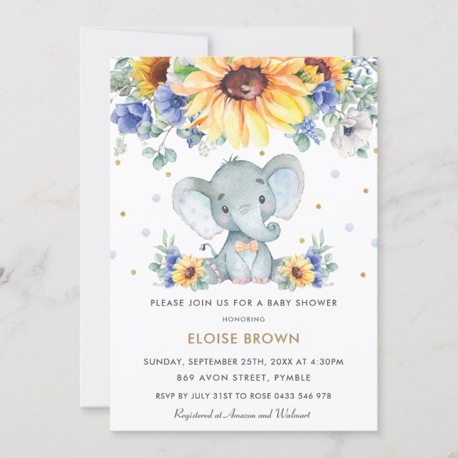 Sunflower Blue Floral Elephant Boy Baby Shower   Invitation (Front)