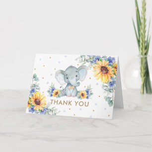 Sunflower Blue Floral Elephant Boy Baby Shower Thank You Card