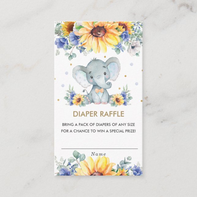 Sunflower Blue Floral Elephant Boy Diaper Raffle   Enclosure Card (Front)