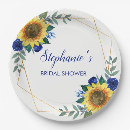 Sunflower Blue Floral Geometric Bridal Shower Paper Plates