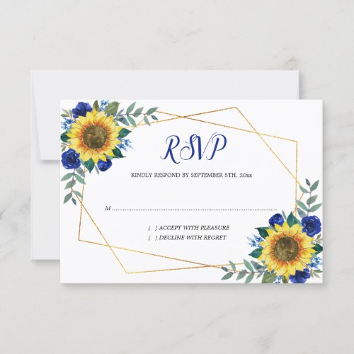 Sunflower Blue Floral Geometric Wedding RSVP Card