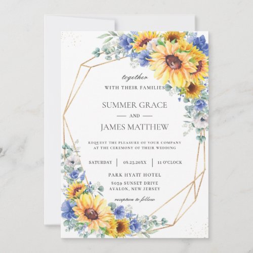 Sunflower Blue Floral Greenery Geometric Wedding  Invitation