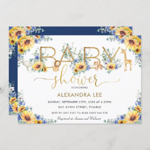 Sunflower Blue Floral Jungle Animals Baby Shower Invitation