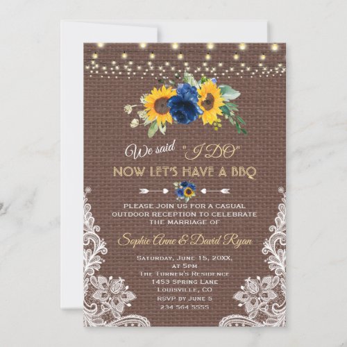 Sunflower Blue Floral Lace Burlap Wedding I DO BBQ Invitation