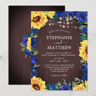 Sunflower Blue Floral Lights Wood Wedding Invitation