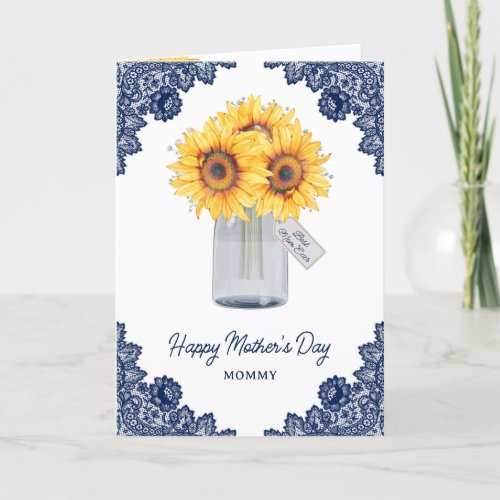 Sunflower Blue Floral Photo Happy Mothers Day Card