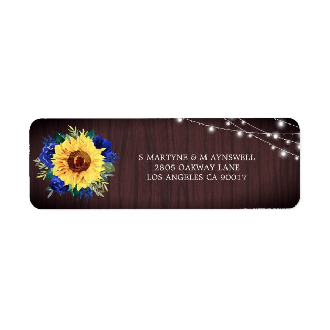Sunflower Blue Floral Rustic Lights Wood Wedding Label (Front)