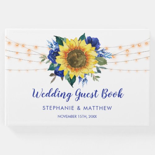 Sunflower Blue Floral String Lights Wedding Guest Book