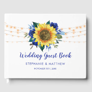 Sunflower Blue Floral String Lights Wedding Guest Book