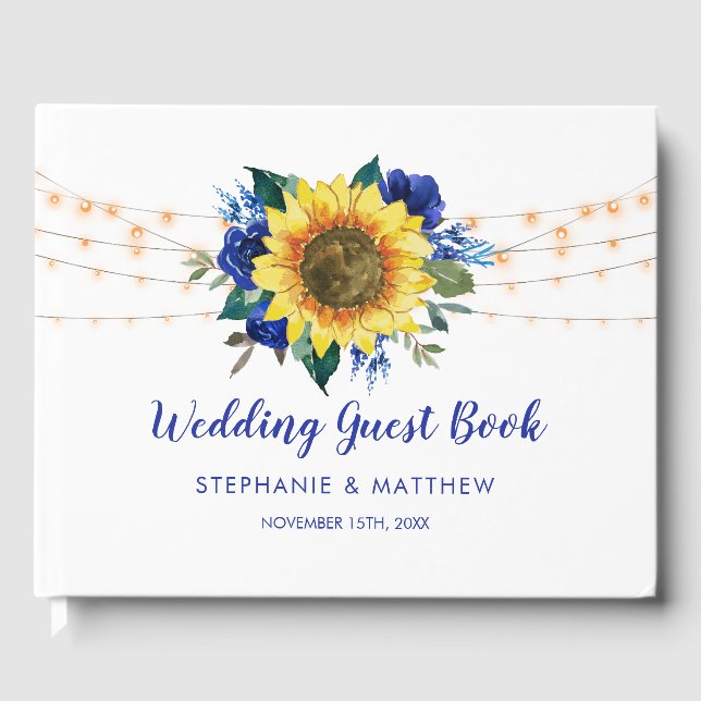 Sunflower Blue Floral String Lights Wedding Guest Book (Front)