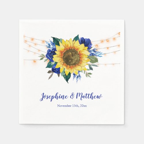 Sunflower Blue Floral String Lights Wedding Napkins