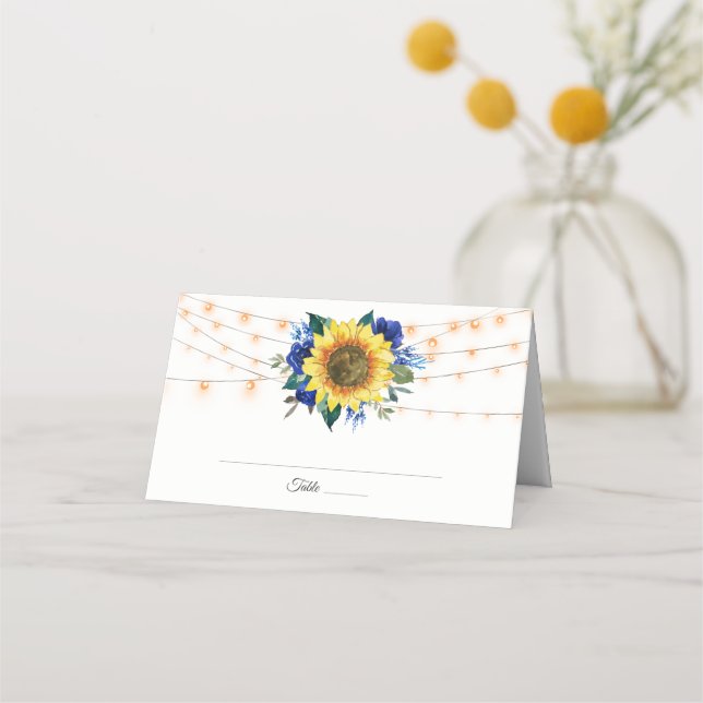 Sunflower Blue Floral String Lights Wedding Place Card (Front)