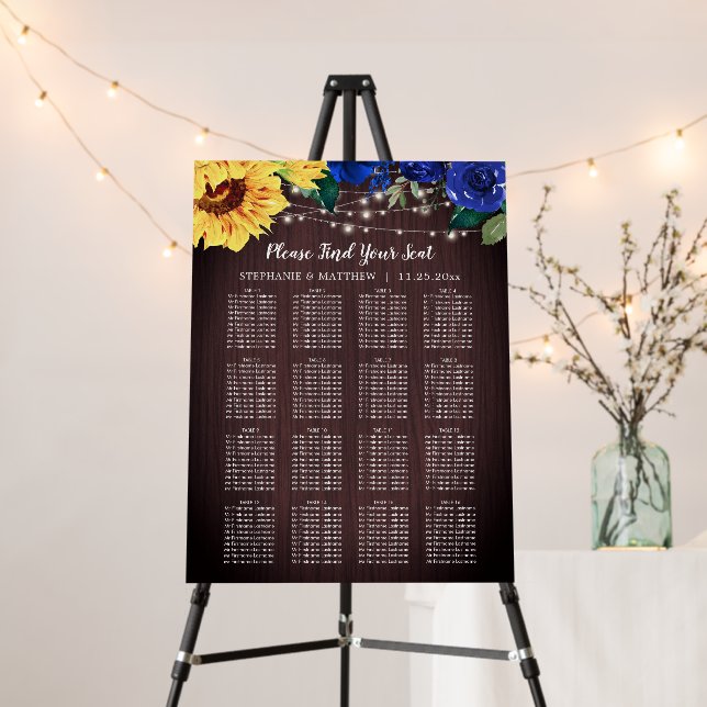 Sunflower Blue Floral Wedding Seating Chart Foam Board (In Situ (Stand))