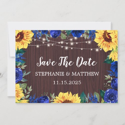 Sunflower Blue Floral Wood Wedding Save The Date