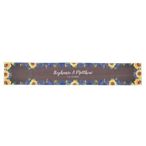 Sunflower Blue Floral Wood Wedding Save The Date Long Table Runner