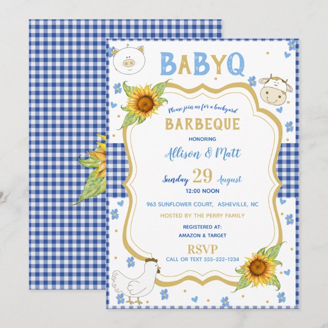 Sunflower Blue Gingham Baby Q Barbecue Invitation (Front/Back)