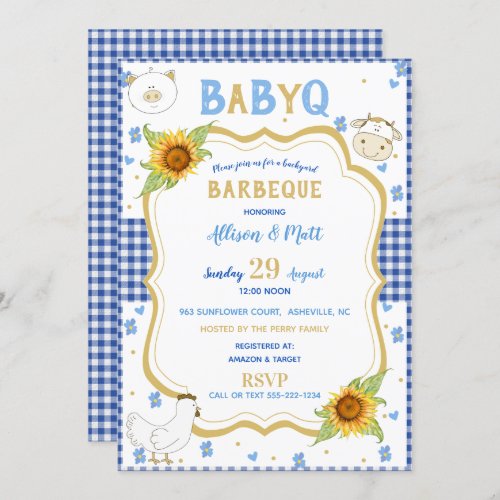 Sunflower Blue Gingham Baby Q Barbecue Invitation