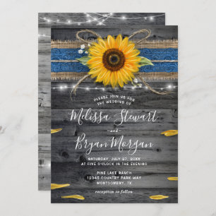 Sunflower Blue Lace Rustic Wood Wedding Invitation