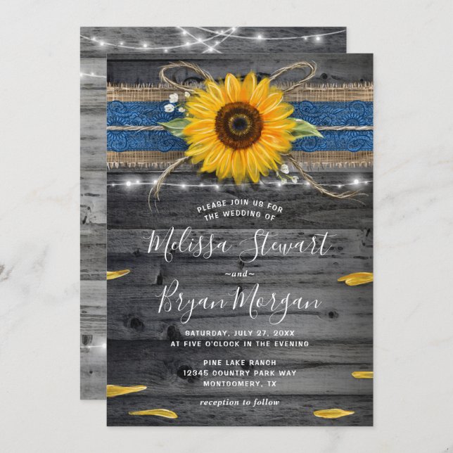 Sunflower Blue Lace Rustic Wood Wedding Invitation (Front/Back)