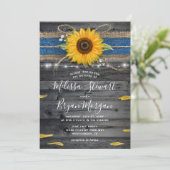 Sunflower Blue Lace Rustic Wood Wedding Invitation (Standing Front)