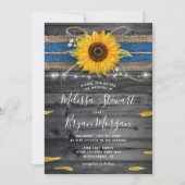 Sunflower Blue Lace Rustic Wood Wedding Invitation (Front)