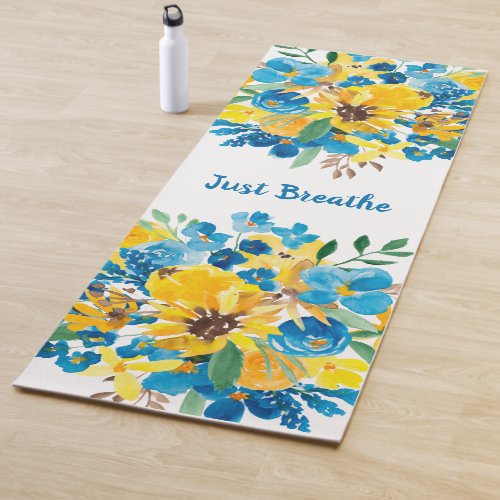 Sunflower blue modern floral watercolor quote yoga mat