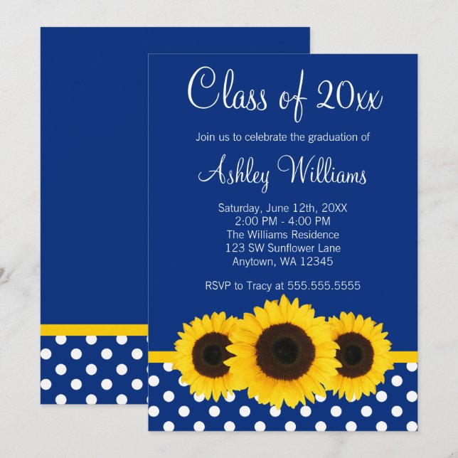 Sunflower Blue Polka Dots Graduation Announcement (Front/Back)