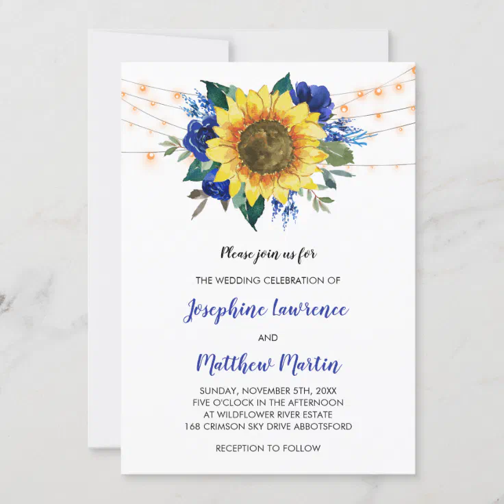 Sunflower Blue Rose Floral Lights Wedding Invitation | Zazzle