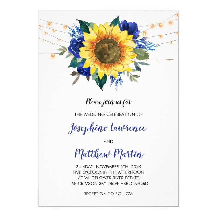 Sunflower Blue Rose Floral Lights Wedding Invitation | Zazzle.com