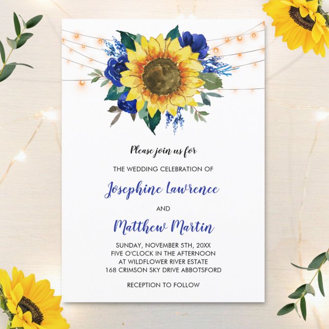Sunflower Blue Rose Floral Lights Wedding Invitation