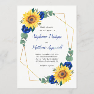 Sunflower Blue Rose Geometric Floral Wedding Invitation