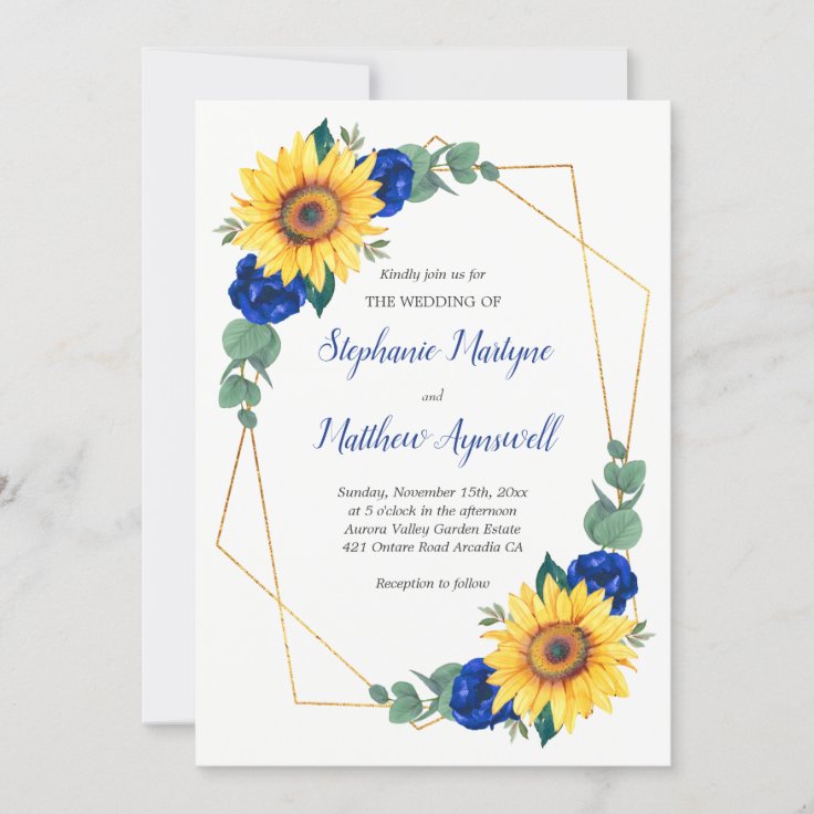 Sunflower Blue Rose Geometric Floral Wedding Invitation | Zazzle